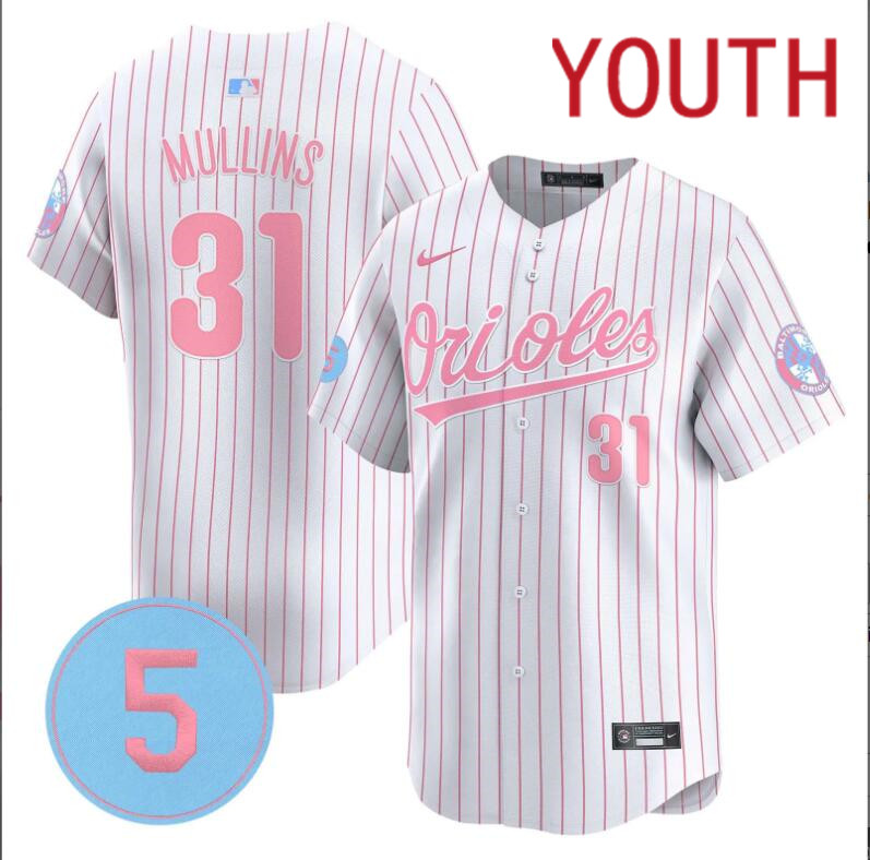 Youth  Baltimore Orioles  #31 Mullins white with red strips 2024 Nike MLB jersey